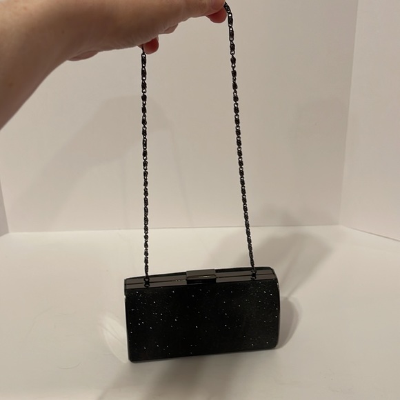 Clutch Purse Black Sparkle with Hideaway Metal Fancy Shoulder Strap. - Picture 5 of 9